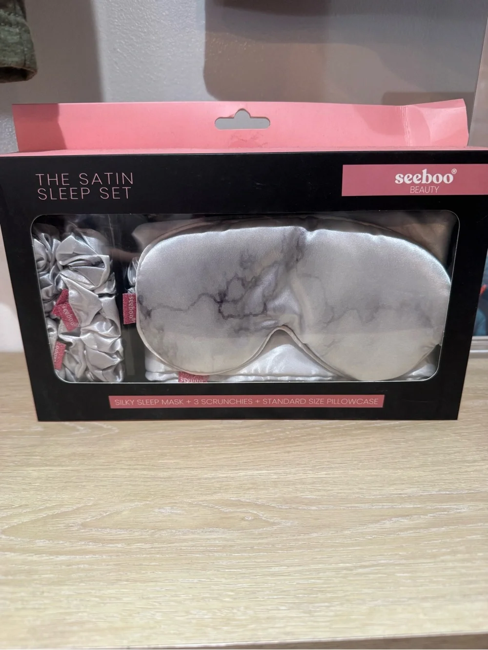 Beauty Satin Sleep Mask Set - scrunchies pillowcase Marble Gray